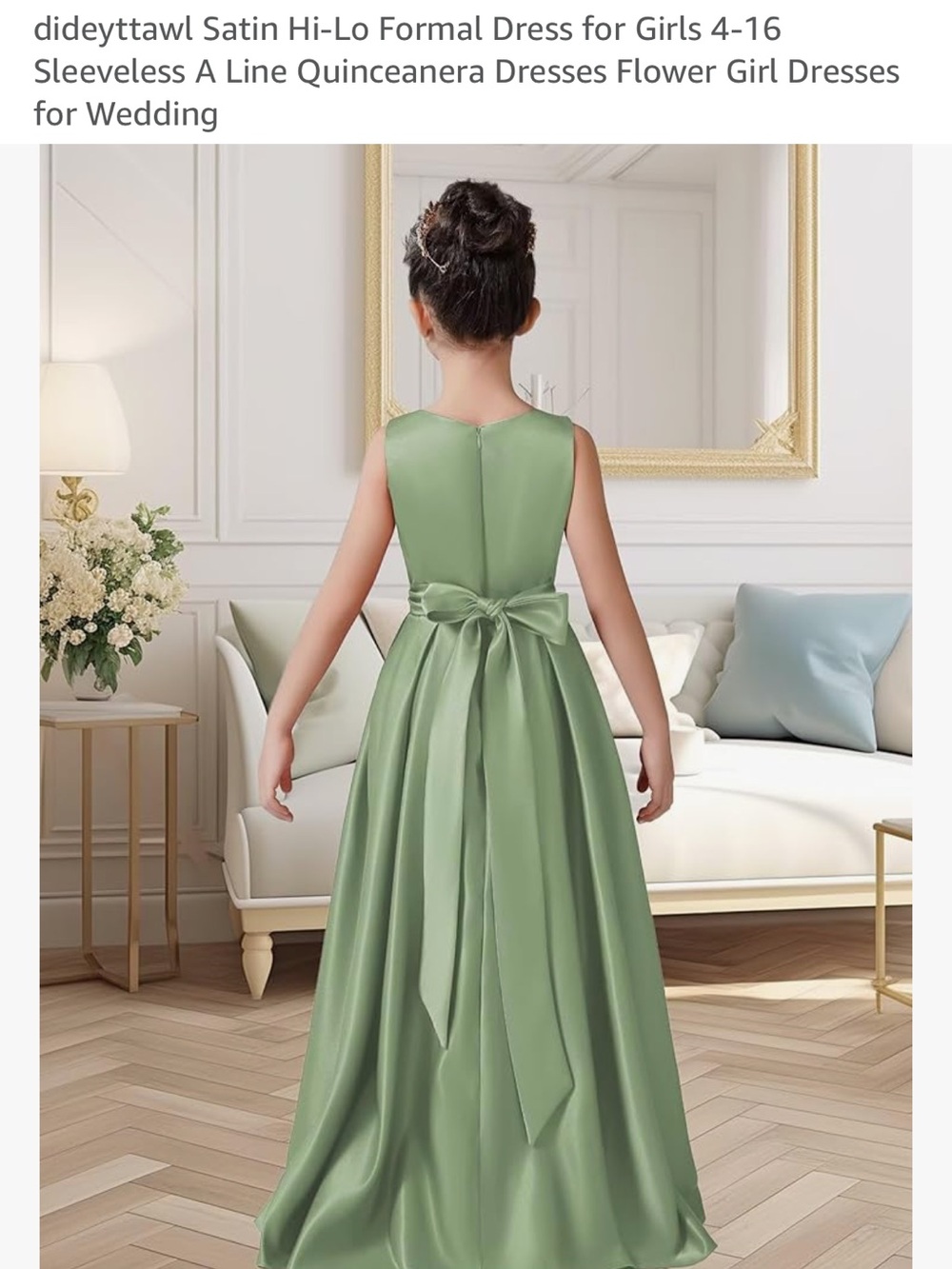Amazon Girls Satin Formal Dress in Sage Green with Back Bow